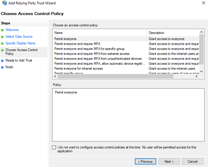 Screen shot of the Choose Access Control Policy step